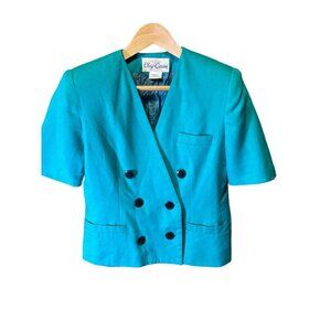 Vintage 90s Oleg Cassini Blue Green Teal Double Breasted Short Sleeve Blazer Sz